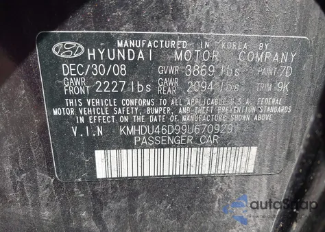 2009 Hyundai Elantra Gls z USA, uszkodzony, nr VIN KMHDU46D99U670929